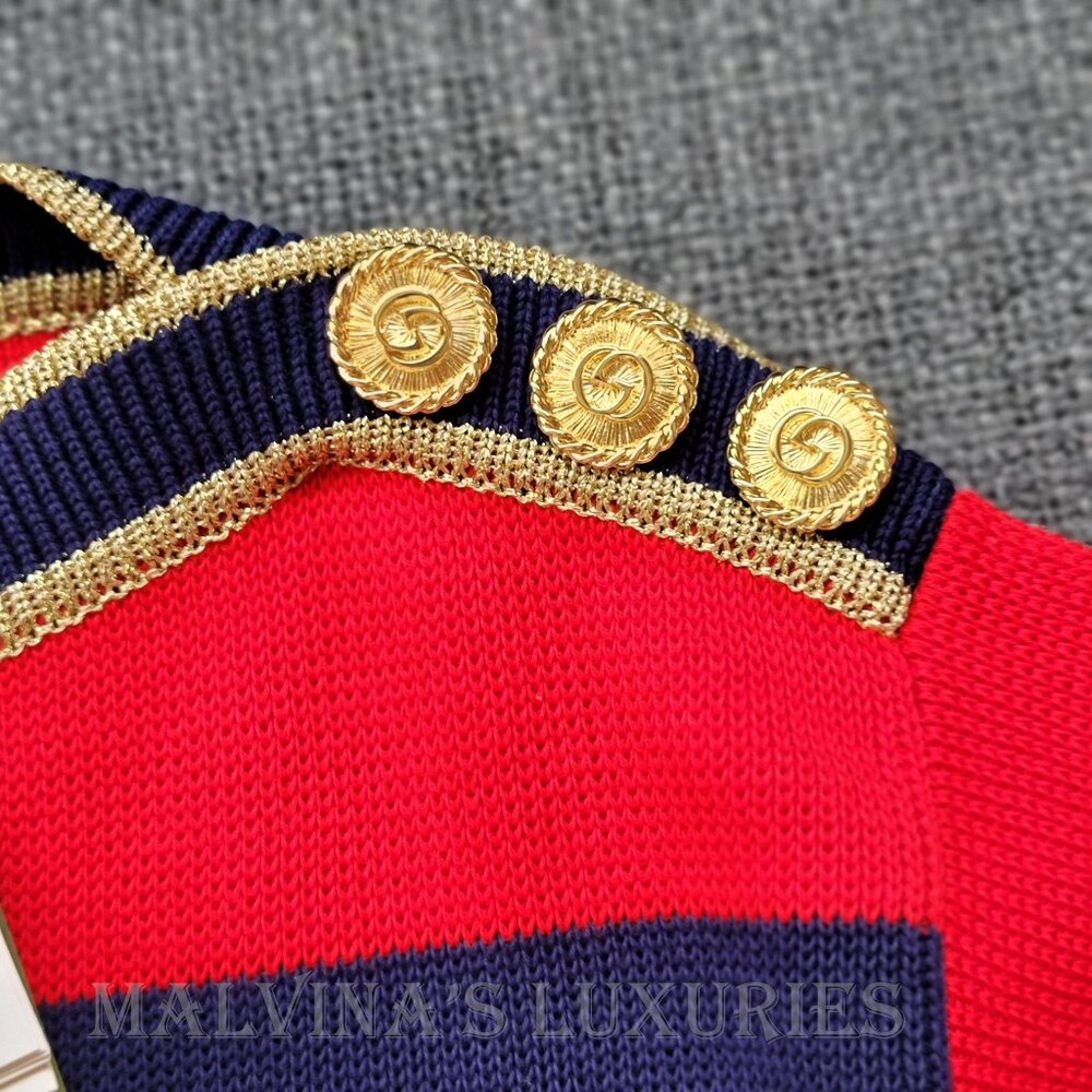 GUCCI SWEATER STRIPED COTTON RED & BLUE JUMPER w LOGO BUTTONS - Picture 13 of 15